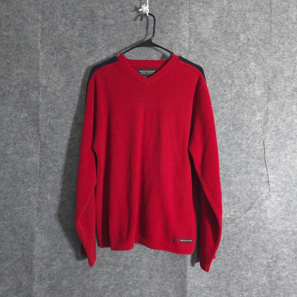 Abercrombie & Fitch Mens Sweater Jumper V Neck Vintage 92 Red Blue Trim Large